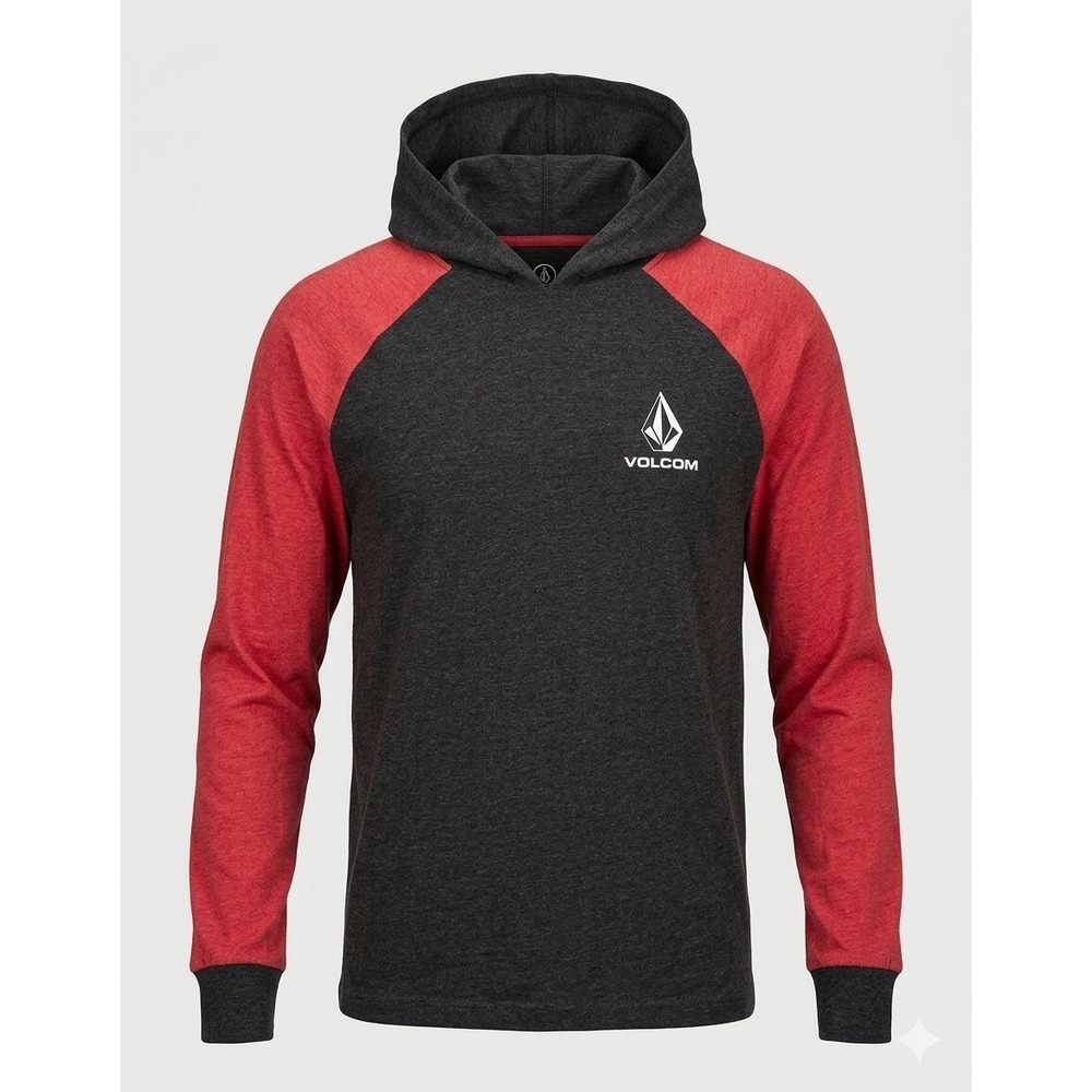 Volcom Youth XL Hoodie Grey Red Raglan Long Sleeve Shirt Skate Surf Boys NWT